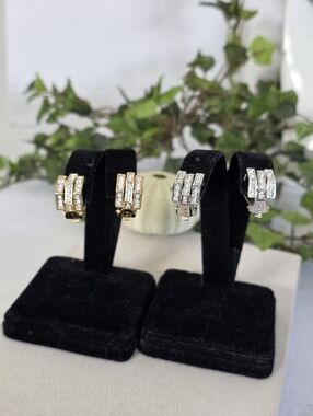 Gold Or Silver Tone Crystal Triple Row Huggie Clip On Earrings
